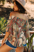 Load image into Gallery viewer, Apricot Paisley Printed Shirred Off Shoulder Ruffled Draped Sleeve Blouse