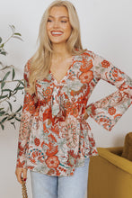 Load image into Gallery viewer, Orange Floral Print Deep V Neck Knot Bell Sleeve Blouse