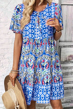 Load image into Gallery viewer, Pink Bohemian Print Tie Neck Ruffle Hem Short Dress