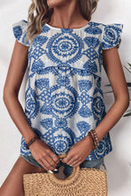 Load image into Gallery viewer, Blue Boho Print Flutter Sleeve Crew Neck Blouse