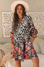 Load image into Gallery viewer, Black Retro Floral Mixed Print Split Neck A-line Dress