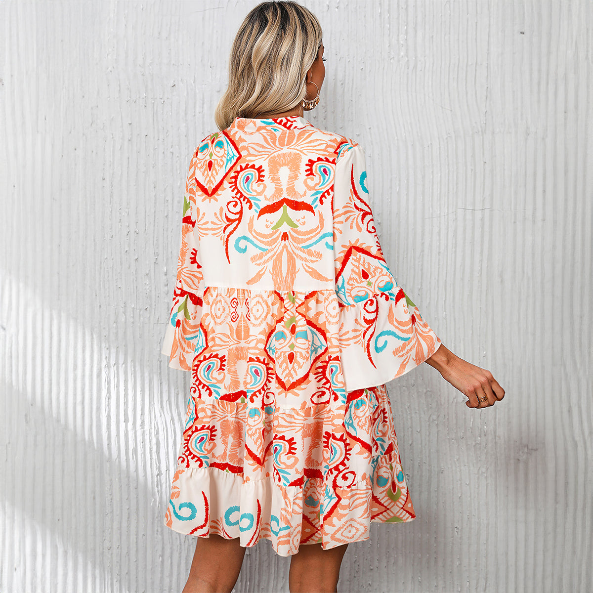 Orange Tribal Bracelet Sleeve Buttoned Mini Dress