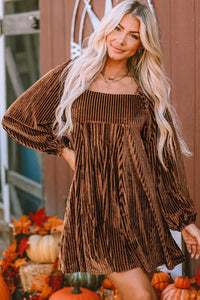 Brown Tie Back Square Neck Velvet Babydoll Dress