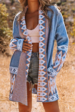 Load image into Gallery viewer, Blue Aztec Print Open Front Knitted Cardigan