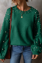 Load image into Gallery viewer, Smoke Gray Pearled Drop Shoulder Round Neck Sweater