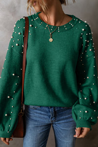 Smoke Gray Pearled Drop Shoulder Round Neck Sweater