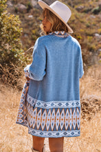 Load image into Gallery viewer, Blue Aztec Print Open Front Knitted Cardigan
