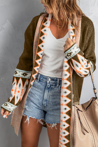 Blue Aztec Print Open Front Knitted Cardigan