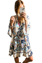Load image into Gallery viewer, White Printed Tribal Bracelet Sleeve Buttoned Mini Dress