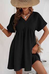 Beige Folded Short Sleeve Lace V Neck Mini Dress