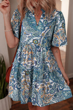 Load image into Gallery viewer, Blue Bohemian Paisley Floral V Neck Short Sleeve Mini Dress