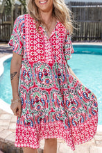 Load image into Gallery viewer, Pink Bohemian Print Tie Neck Ruffle Hem Short Dress