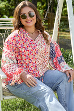 Load image into Gallery viewer, Orange Floral Geometric Patchwork Lace-up Crewneck Plus Size Blouse