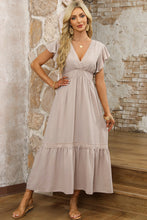 Load image into Gallery viewer, Oatmeal Lace V Neck Ruffled Sleeve Empire Waist Dress