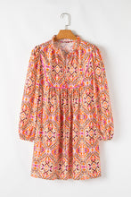 Load image into Gallery viewer, Khaki Abstract Printed Long Sleeve Tied Neckline Mini Dress