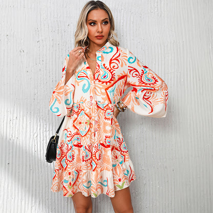 Orange Tribal Bracelet Sleeve Buttoned Mini Dress