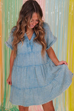 Load image into Gallery viewer, Beau Blue Mineral Wash Crinkle Split Neck Raw Hem Tiered Dress