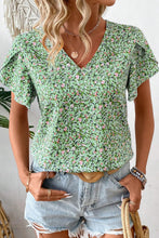 Load image into Gallery viewer, Green Boho Floral V Neck Wrap Short Sleeve Blouse
