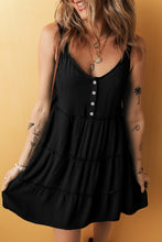 Load image into Gallery viewer, Black Button V Neck Frilly Tiered Sleeveless Dress