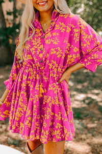Green Floral Print Drawstring Tunic Flowy Short Dress
