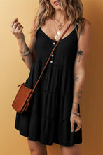 Load image into Gallery viewer, Black Button V Neck Frilly Tiered Sleeveless Dress