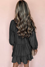 Load image into Gallery viewer, Beau Blue Puff Sleeve V Neck Tiered Ruffled Chambray Mini Dress