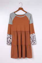 Load image into Gallery viewer, Brown Waffle Knit Leopard Patchwork Long Sleeve Dress