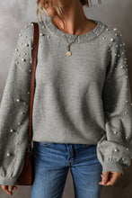 Load image into Gallery viewer, Smoke Gray Pearled Drop Shoulder Round Neck Sweater