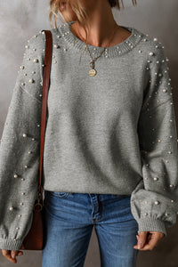 Smoke Gray Pearled Drop Shoulder Round Neck Sweater