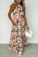 Load image into Gallery viewer, Black Boho Floral Print Knotted Halter Ruffled Maxi Dress