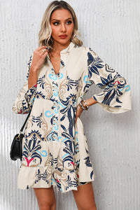 White Printed Tribal Bracelet Sleeve Buttoned Mini Dress
