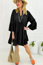 Load image into Gallery viewer, Sky Blue Chambray Ruffled 3/4 Sleeve Tiered Split V Neck Mini Dress