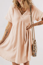Load image into Gallery viewer, Beige Folded Short Sleeve Lace V Neck Mini Dress