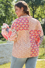 Load image into Gallery viewer, Orange Floral Geometric Patchwork Lace-up Crewneck Plus Size Blouse