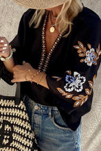 Load image into Gallery viewer, Black Bohemian Floral Embroidered V Neck Blouse