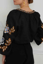 Load image into Gallery viewer, Black Bohemian Floral Embroidered V Neck Blouse
