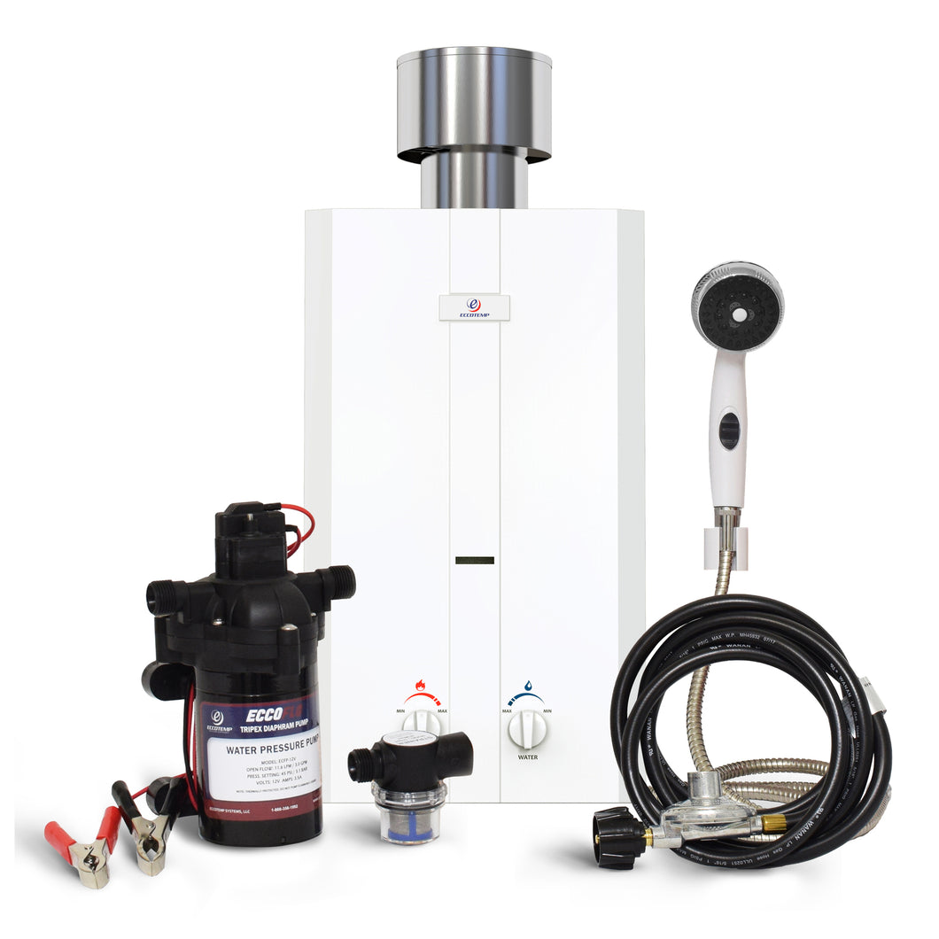 Eccotemp L10 Portable Outdoor Tankless Water Heater w/ EccoFlo Diaphragm 12V Pump, Strainer & Shower Set