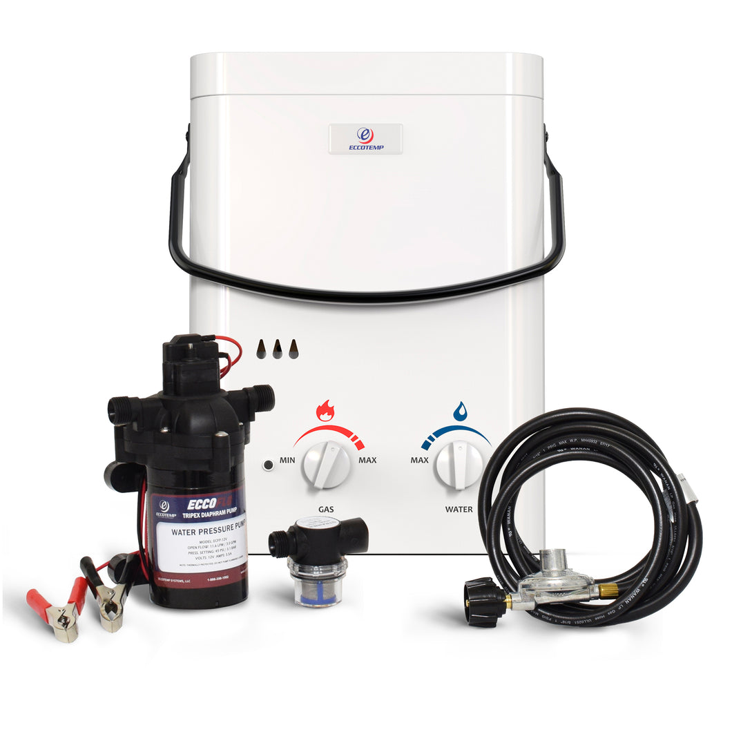 Eccotemp L5 Portable Outdoor Tankless Water Heater w/ EccoFlo Diaphragm 12V Pump and Strainer