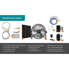 Load image into Gallery viewer, ExtremeMist 3-n-1 Portable Misting Fan w/ Solar Panel, PCS Pump &amp; 16ft Mist Line attachment