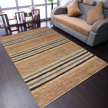 Load image into Gallery viewer, Simply Glamping USA Hand Knotted Sumak Jute 5&#39;x8&#39; Light Brown with Blue Stripes