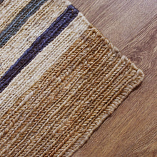 Load image into Gallery viewer, Simply Glamping USA Hand Knotted Sumak Jute 5&#39;x8&#39; Light Brown with Blue Stripes