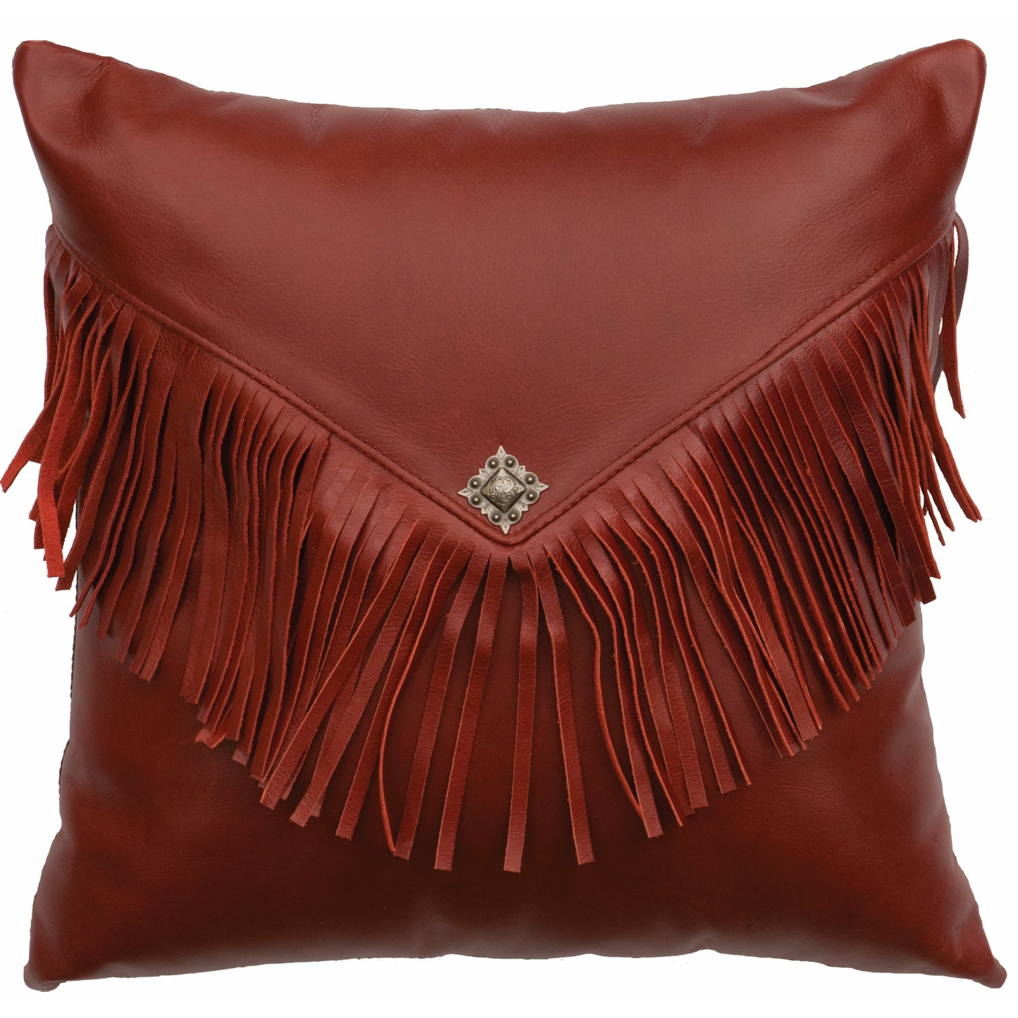 Wooded River Dark Red Leather Flap, Fringe, Concho 16" x 16" Pillow