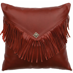 Wooded River Dark Red Leather Flap, Fringe, Concho 16" x 16" Pillow