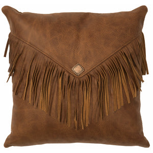 Wooded River Whiskey Leather with Flap, Fringe, Concho 16" x 16" Pillow